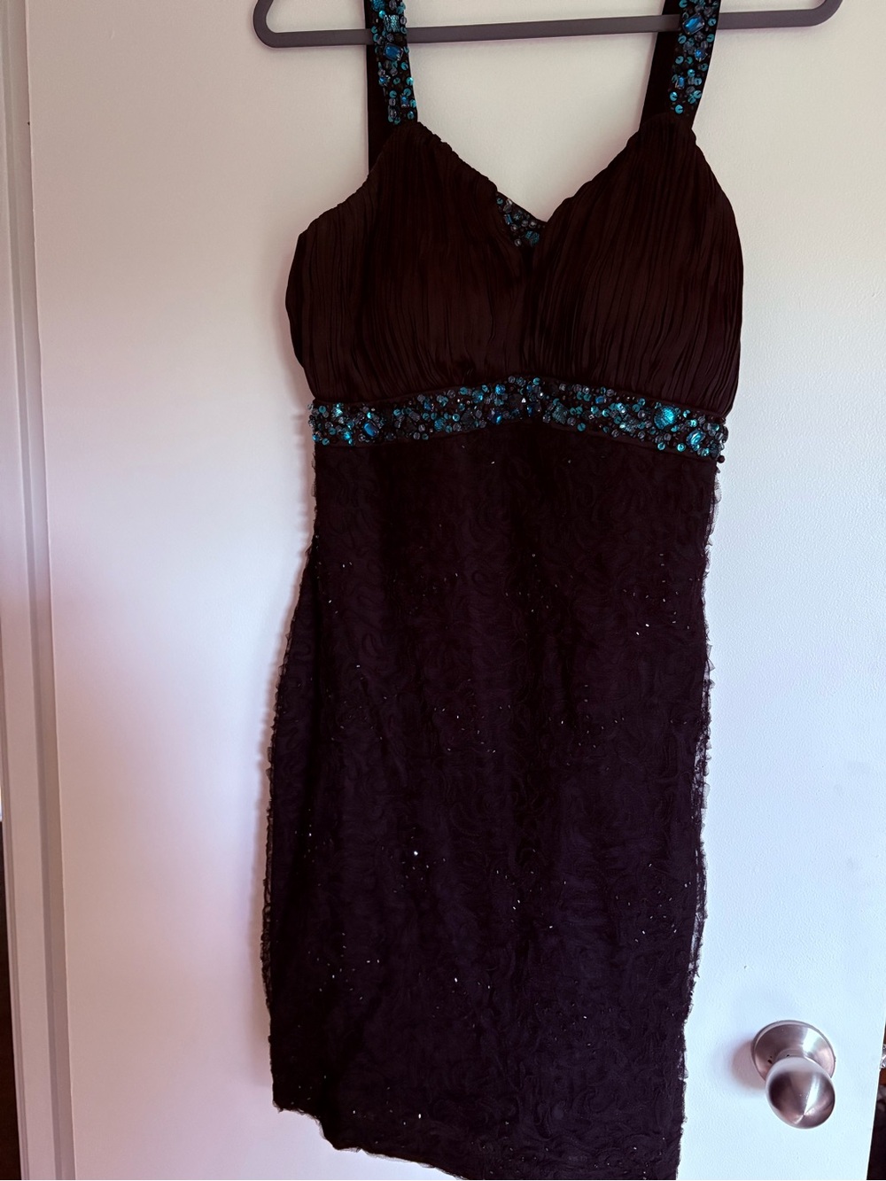 Simon Chang Black Cocktail Dress with Teal Embellishment